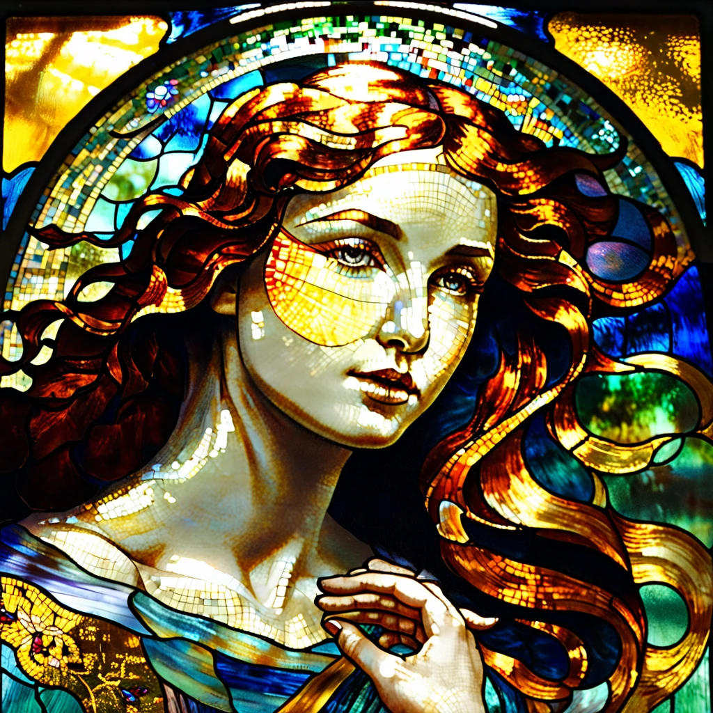 a close up of a woman holding a stained glass piece, a mosaic by Galen Dara, trending on pixabay, art nouveau, maxim verehin stained glass, stained glass art, transparent glass woman, golden twilight stained glass, stained glass, stained glass style, hyperrealistic art nouveau, mucha tiffany kilian eng, center view, stunning art, stain glass