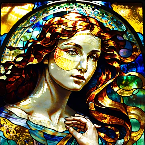a close up of a woman holding a stained glass piece, a mosaic by Galen Dara, trending on pixabay, art nouveau, maxim verehin sta...