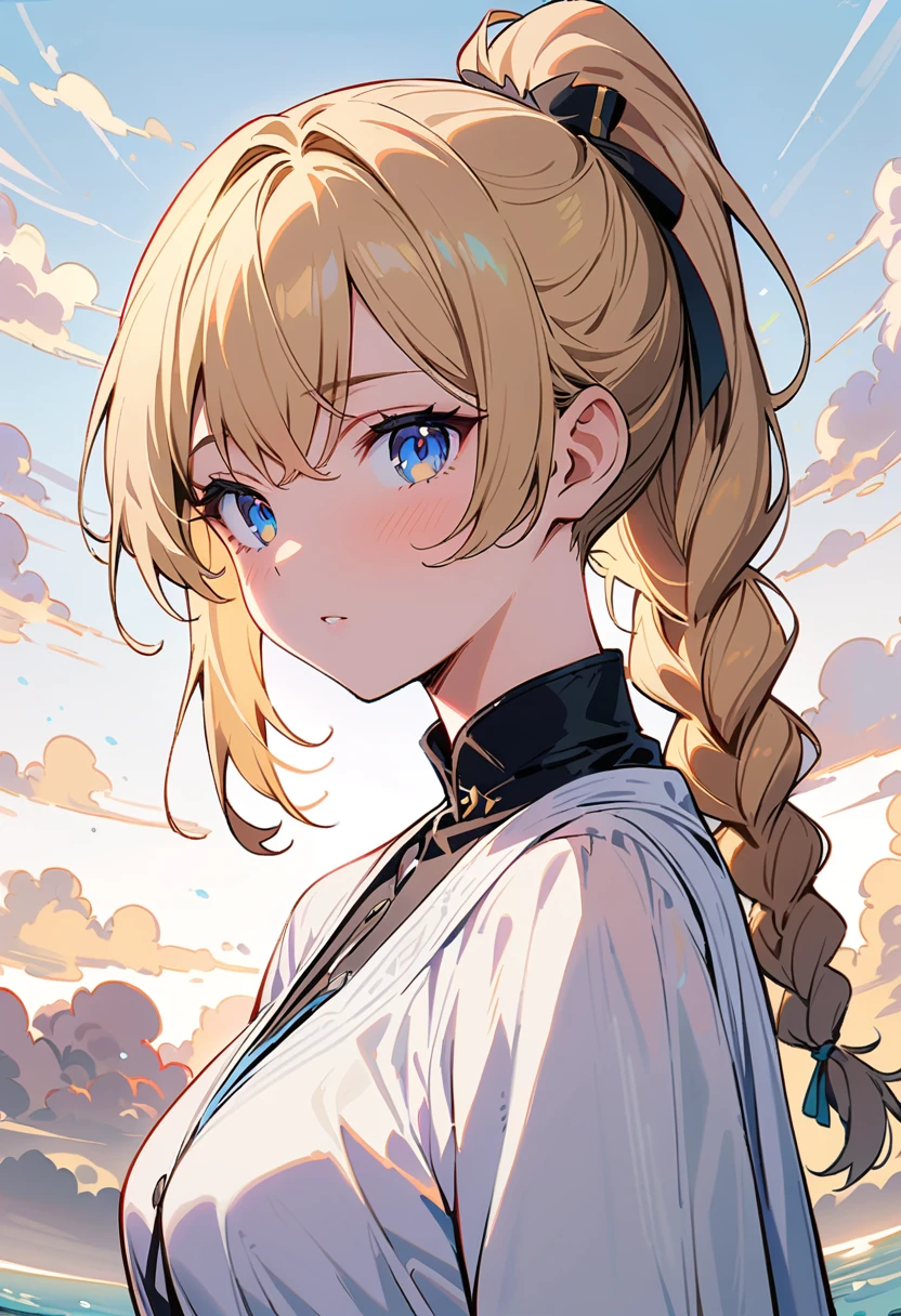 (masterpiece), ((best quality)), (Very detailed), (Beautiful eyes Beautiful details eyes, Clean and delicate face), (whole body, Variza), Single Braid Blonde Ponytail, #5: Parted Bangs, forehead, blue eyes, Smile, Wearing a sweater and plaid pleated skirt, Pantyhose, thigh, High heel, Simple color background