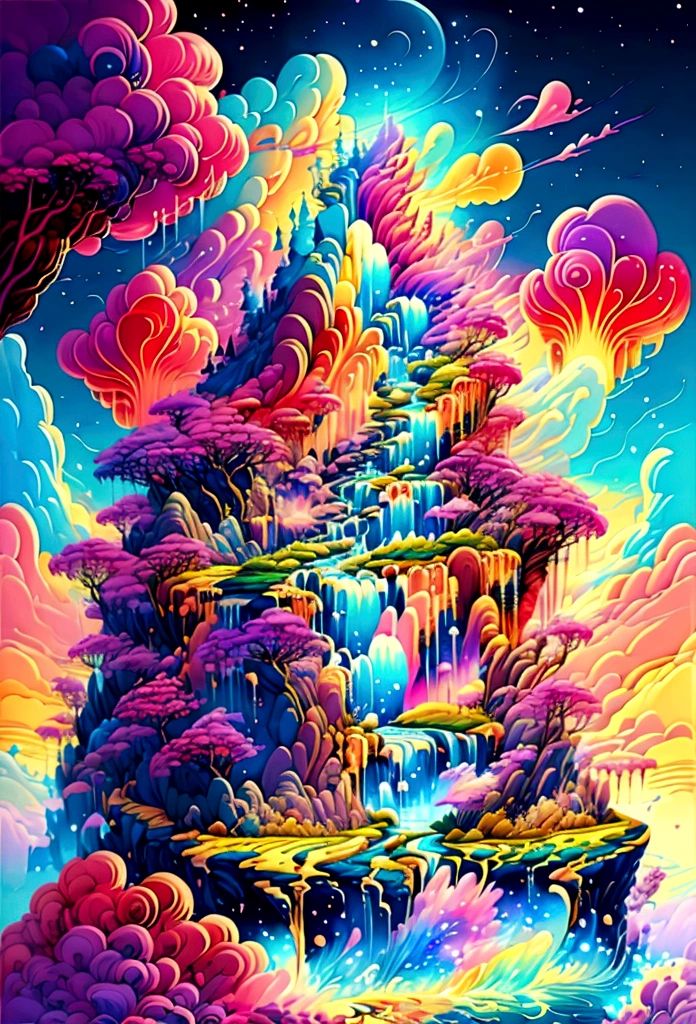 artwork、Highest quality、Better Quality、Flying Island々、Waterfall cascading down from the island、Fantasy World、Magnificent panorama、Colorful Clouds、Flashy colors、Galaxy in the sky