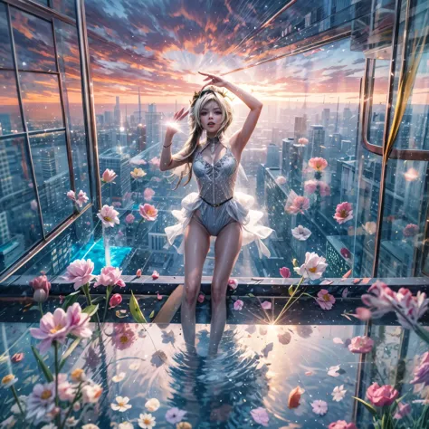 BloodRed, White in Pearly RainbowColors,ExtremelyDetailed(ProfessionalPhoto of Girl Floating in the Sky:1.37)ZoomLayer{Stunning|...