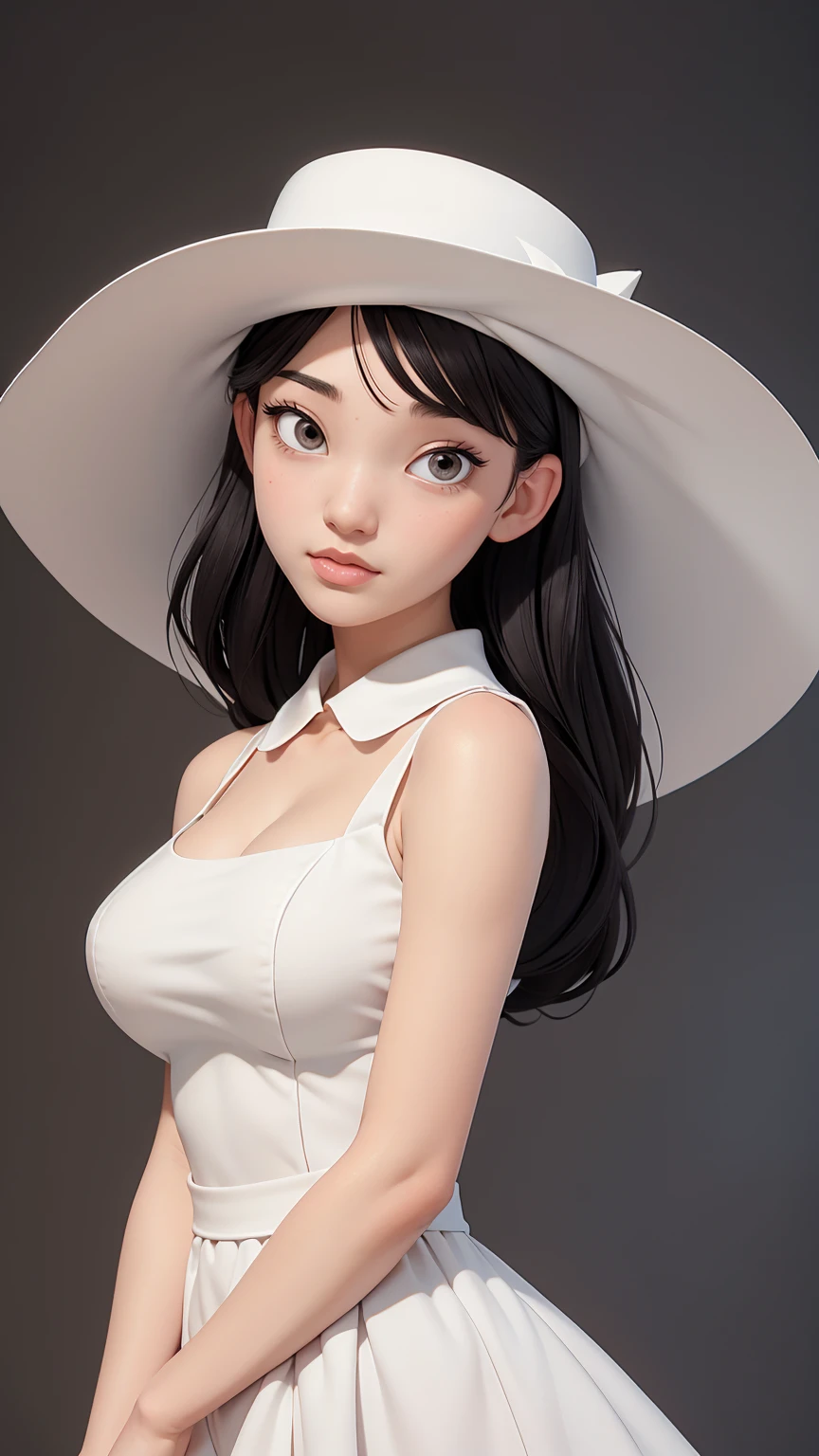(melhor qualidade, obra de arte, Rosto Perfeito) Cabelo preto, Menina pálida de 18 anos, grande busto, vestido de verão branco, grande chapéu branco
