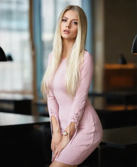 blond woman in pink dress sitting on a table in a room, beautiful blonde girl, tight dress, beautiful blonde woman, blonde woman...