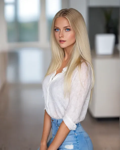 blonde woman with blue eyes and a white blouse posing for a photo., beautiful blonde girl, with long blonde hair, swedish blonde...