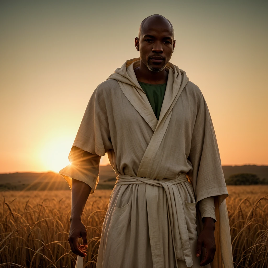 cinematic shot, dingy white sackcloth robe, brownish green bald head light brownish alien african male, translucent subsurface scattering skin, alien, Wheatfield during sunset, shadows, specular, realistic, details, textures, VFX, CGI
