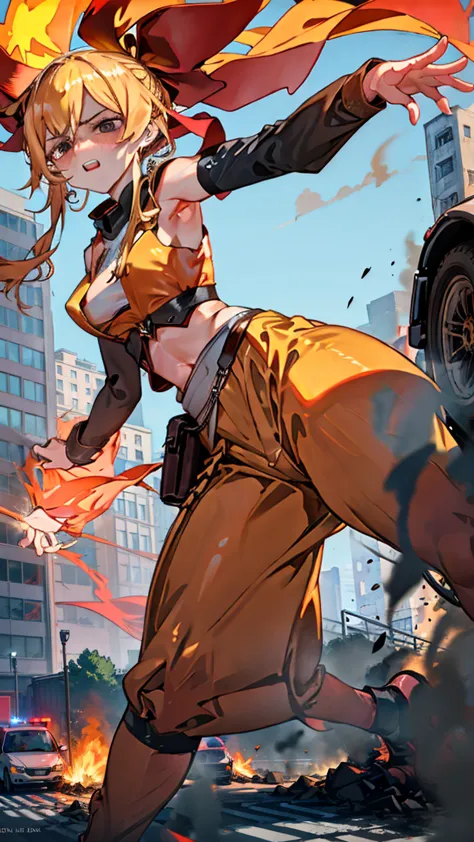 walking along a busy highway, the giantess goddess with golden yellow skin and crimson red eyes causes cars to screech to a halt...