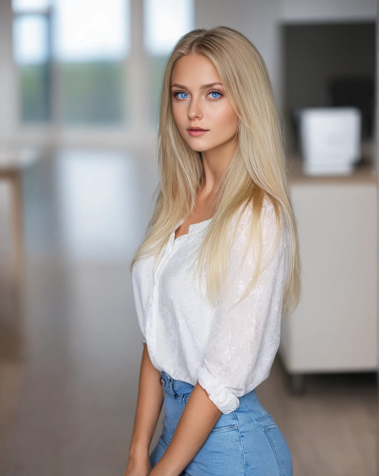 blonde woman with blue eyes and a white blouse posing for a photo., beautiful blonde girl, with long blonde hair, swedish blonde woman, cute young woman, a beautiful blonde, pose casual, Photo of a model, a complete portrait of the nordic woman, 2 4 year old female model, young blonde, Mia Kischner, long blonde hair and big eyes, blonde girl