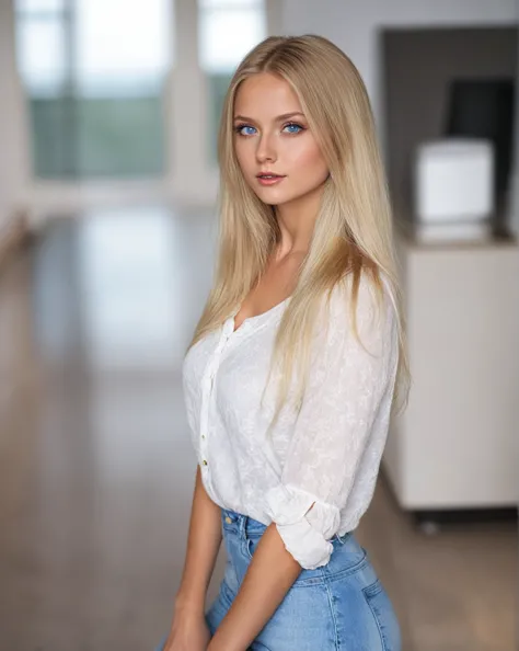 blonde woman with blue eyes and a white blouse posing for a photo., beautiful blonde girl, with long blonde hair, swedish blonde...
