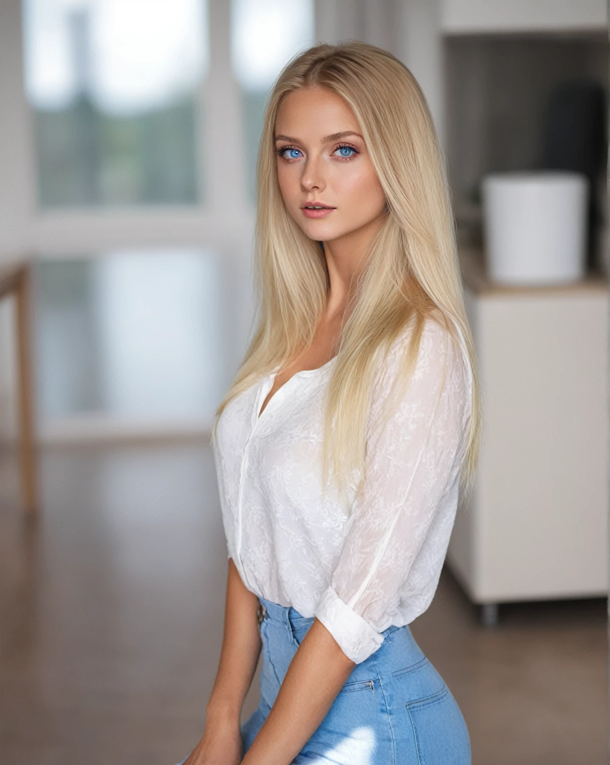 blonde woman with blue eyes and a white blouse posing for a photo., beautiful blonde girl, with long blonde hair, swedish blonde woman, cute young woman, a beautiful blonde, pose casual, Photo of a model, a complete portrait of the nordic woman, 2 4 year old female model, young blonde, Mia Kischner, long blonde hair and big eyes, blonde girl