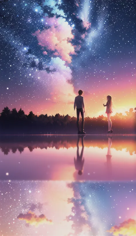 anime scenery of two people standing on a rock looking at the sky, cosmic skies. by makoto shinkai, makoto shinkai cyril rolando...