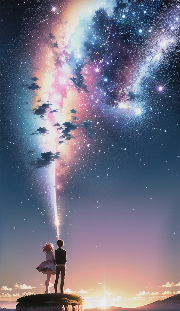 anime scenery of two people standing on a rock looking at the sky, cosmic skies. by makoto shinkai, makoto shinkai cyril rolando, beautiful anime scene, anime sky, anime art wallpaper 4 k, anime art wallpaper 4k, anime art wallpaper 8 k, anime beautiful peace scene, in style of makoto shinkai, 4k anime wallpaper