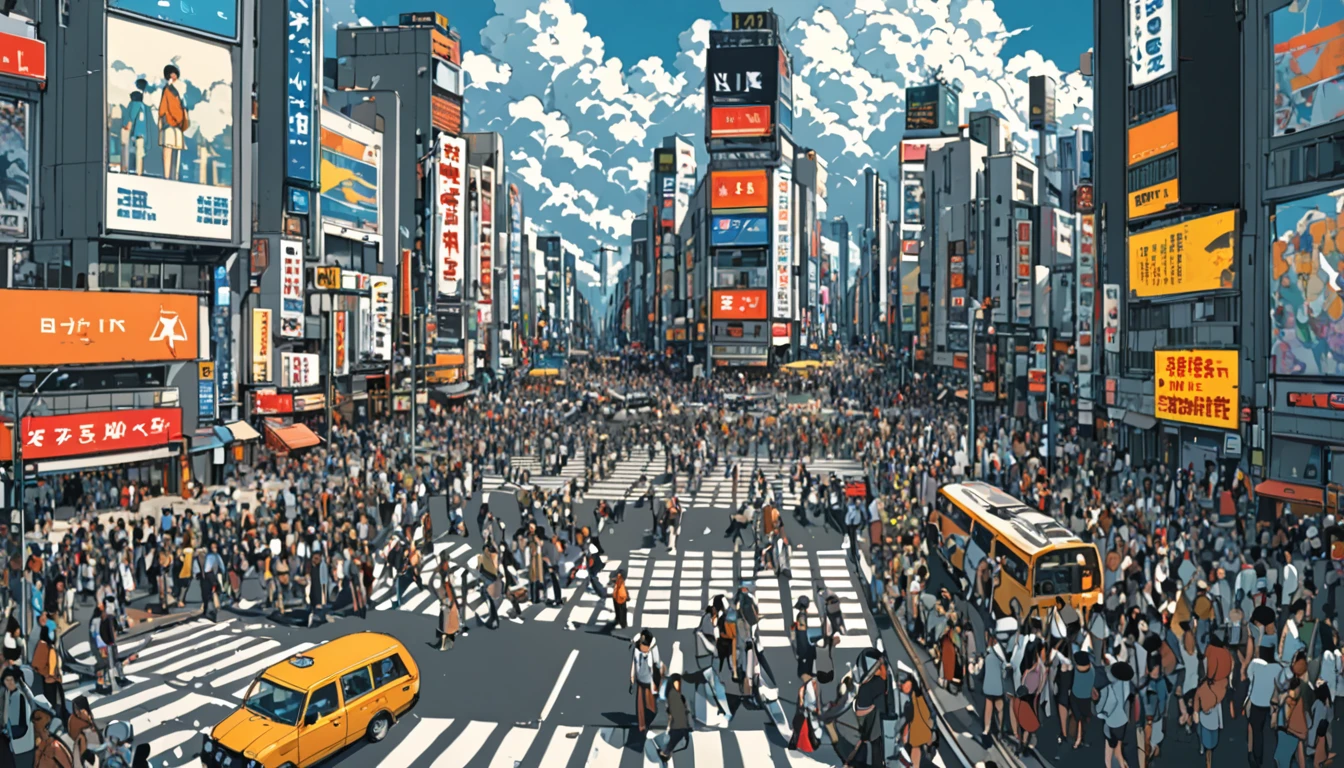 ((Anime: 1.4, Illustration)), (Masterpiece, Top Quality, Best Quality), (Ultra-Detailed, Absolutely Resolution), ((16k, HIGH RES)) (Shibuya Scramble Crossing, Anime Style, Cumulonimbus Cloud, Blue Sky, Crowd), ( Anime: 1.4, Illustration)), (Masterpiece, Top Quality, Best Quality), (Ultra-Detailed, Absolutely Resolution). Ak {Lofi Art, Style of Laurie Greasley, Style of Makoto Shinkai, Anime Aesthetic}, BREAK {(Produces IMAGES WITH ITH INFORMATION THAN 40 Million Pixels with Cinematic-Like Detailed Textures S Hot on a Sony slur).}