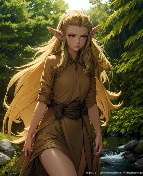 a beautiful young elf woman with long flowing hair, pointed ears, and a serene expression, 1girl, long hair, pointy ears, delica...