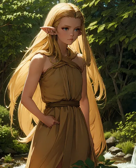 A beautiful young elf woman with long flowing hair, pointed ears, and a serene expression, 1girl, long hair, pointy ears, delica...