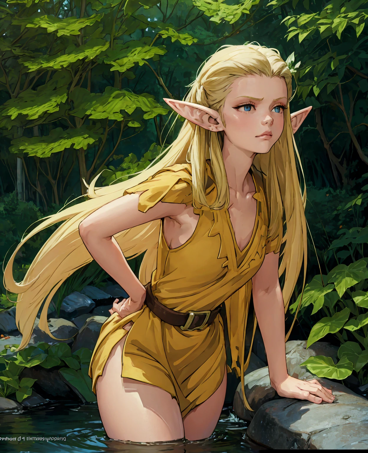 A beautiful young elf woman with long flowing hair, pointed ears, and a serene expression, 1girl, long hair, pointy ears, delicate facial features, elegant pose, fantasy forest background, lush vegetation, golden sunlight filtering through the trees, cinematic lighting, ethereal atmosphere, vibrant colors, highly detailed, 8k, masterpiece, photorealistic