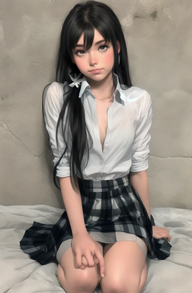 (full figure:1.1), (1 girl as yukino yukinoshita:1.5), highres, solo, big breasts, waist long black hair, (twintails:0.5), (pleated school miniskirt:1.5), (black knee high socks:1.5), (loose red ribbon:1.2), (cotton skirt:1.5), (unbuttoned white shirt:1.4), (ahegao:1.5), green eyes, (rolling eyes:1.5), (naked breasts:1.5), spread legs, legs wide open, (drugged:1.5), kneelingonallfours