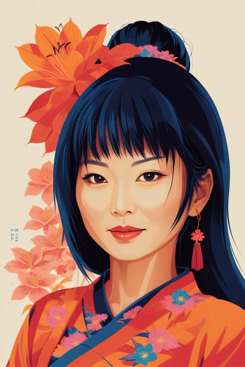 concept poster a 30 years jAPANESE WOman, full body portrait at amazon lily . digital artwork by tom whalen, bold lines, vibrant, saturated colors, detailed face,ceo