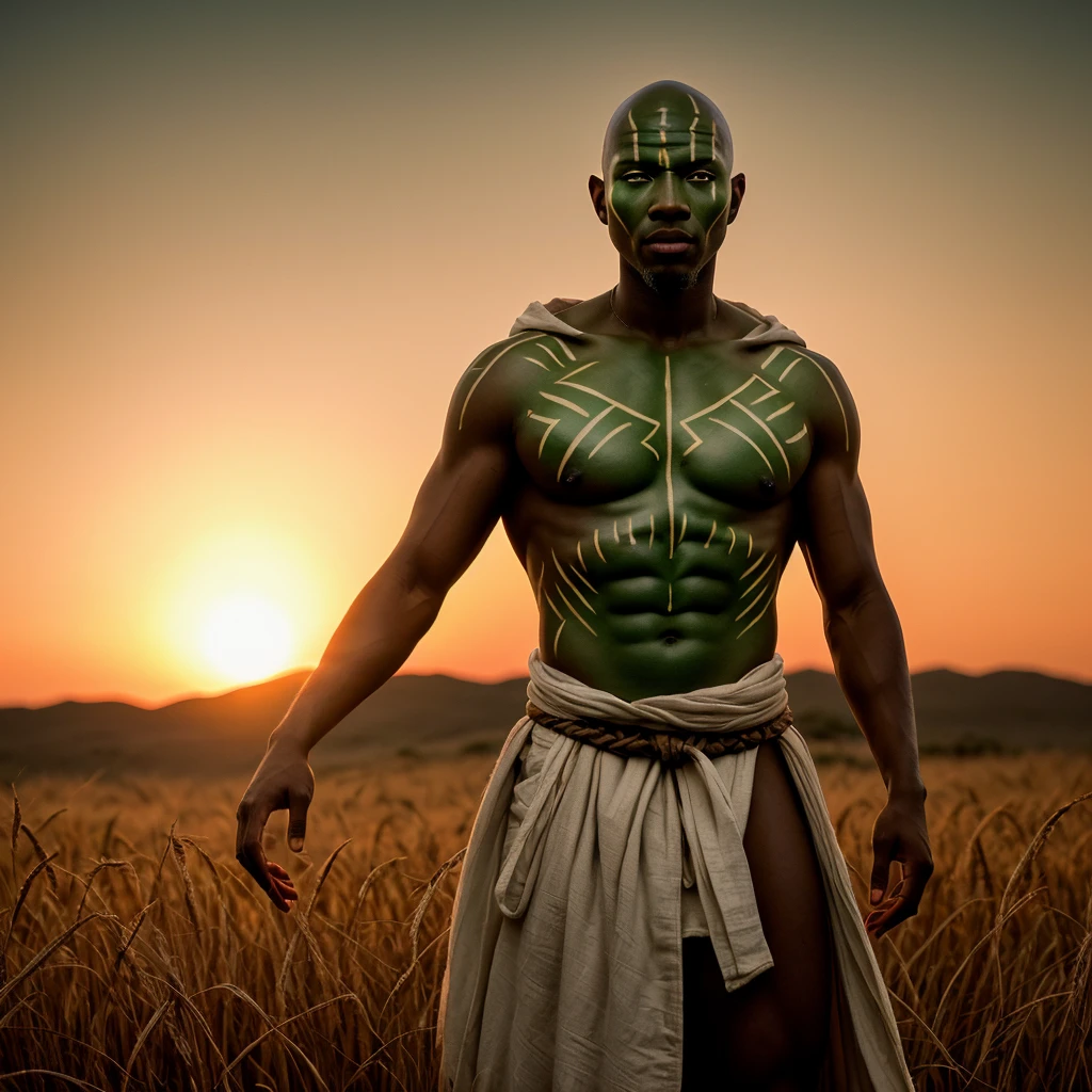 映画のようなショット, 汚れた白い荒布のローブ, brownish green bald head light brownish エイリアン tribal african male with tribal body paint, 半透明のサブサーフェススキャタリングスキン, エイリアン, 日没時の麦畑, 影, 鏡面反射, 現実的, 詳細, テクスチャ, ビジュアルエフェクト, CG
