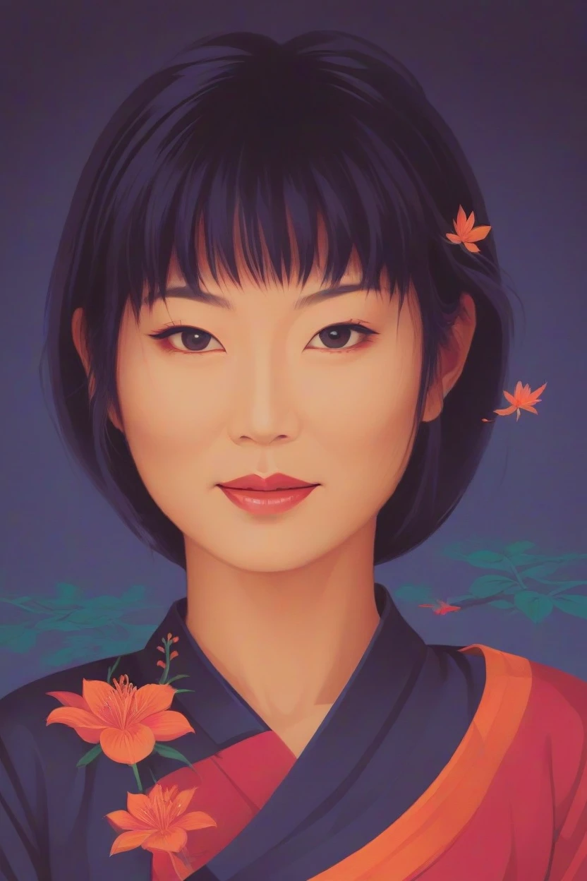 コンセプトポスター 30歳の日本人女性, アマゾンリリーの全身ポートレート . トム・ホエレンによるデジタルアート, 太字, 活気のある, 飽和色, 詳細な顔,最高経営責任者（CEO）