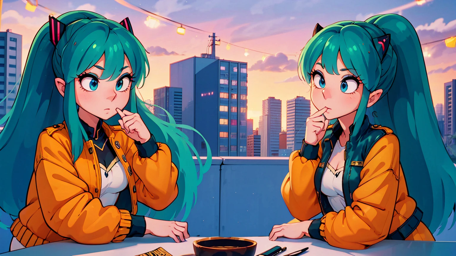 (score_9, score_8_up, score_7_up), 1girl, solo, lum, long hair, bangs, blue hair, blue eyes, aqua hair, tiny horns, eyeshadow, large breasts, looking at viewer, blush, a person riding a motorcycle, no helmet, leather jacket, hair blowing in the wind, on an overpass, neon city lights, left hand on the handlebar, right hand holding a lollipop, (best quality,4k,8k,highres,masterpiece:1.2),ultra-detailed,detailed face and eyes, highly detailed, cinematic lighting, vibrant colors, dramatic atmosphere, motion blur, depth of field, a girl licking a lollipop, pleasure on her face, bliss, mischievous smirk, intricate detailed facial features, high quality, 8k, beautiful detailed eyes, beautiful detailed lips, extremely detailed face, long eyelashes, vibrant colors, warm lighting, cinematic composition, dreamy atmosphere, fantasy, whimsical, magical realism, close up motorcycle, from side,