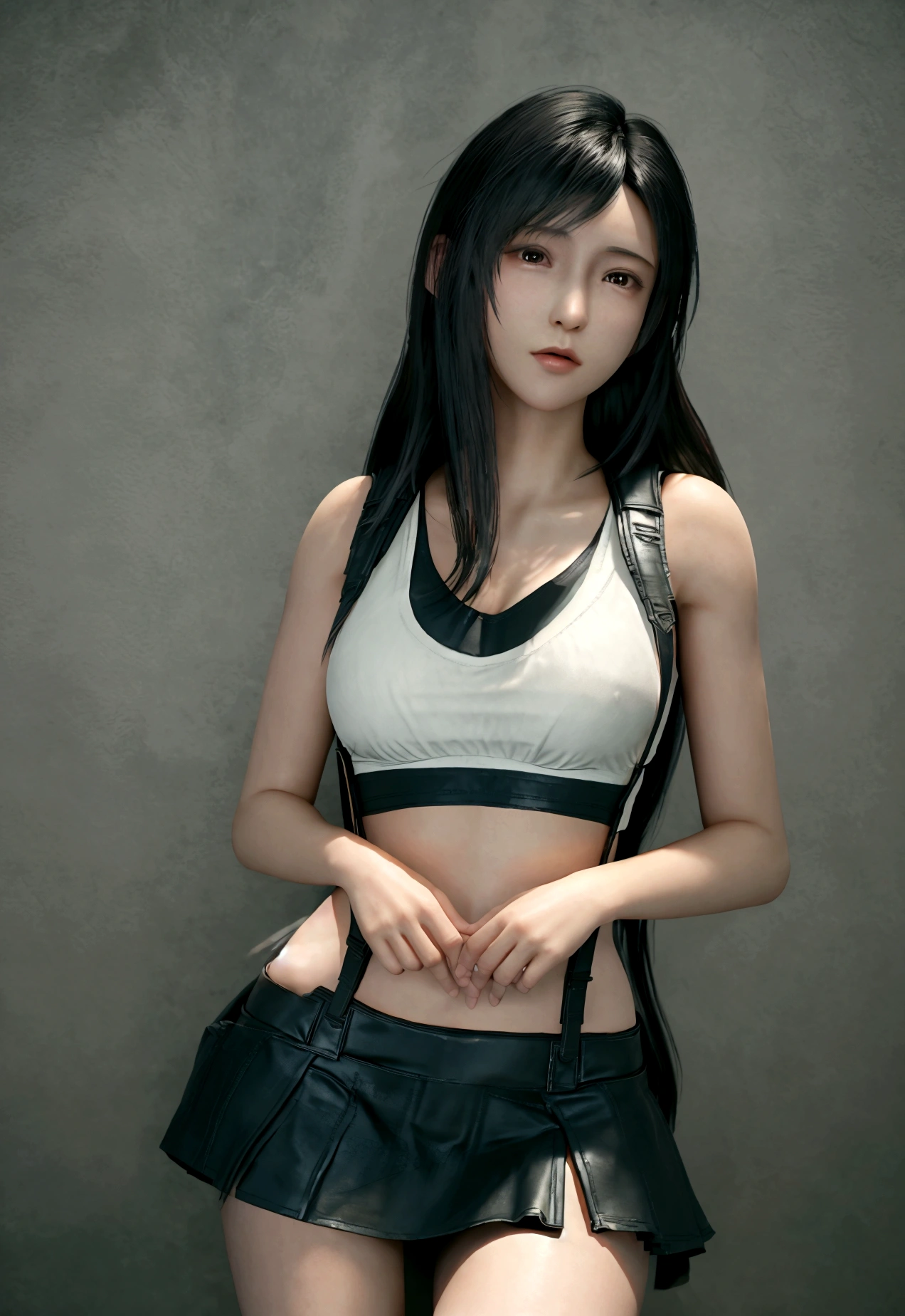 (Realistic: 1.4), 最high quality, Very delicate and beautiful, High resolution,masterpiece, 最high quality, 超High resolution, (Realistic:1.4), Detailed beautiful face, , 1 black man, 1 girl, Tifa_Lockhart, Final Fantasy VII Remake, Stunning European Women,Cowboy Shot, suspenders, Low rise, Black mini skirt, Black border white tank top, Tense shirt, Black Hair, Long Hair, Sexy Body,Beautiful breasts, Very beautiful and shining eyes,Beautiful feet, So cute, Close-upポトレイト, A lovely girl with a perfect face and soft skin., Perfect Face, ((small breasts))),Tight waist,Chainetter、thigh、In the dungeon,Complete diagram, Shapely hips, 8k resolution,surreal,Ultra-detailed,high quality, (small teardrop chest,  small breasts cleavage)， tit， Close-up, A broad perspective