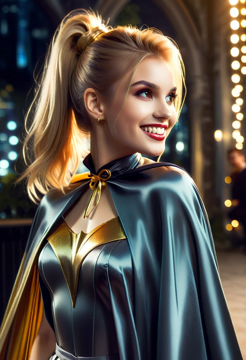 Vampyfangs1,(RAW photo) , 1girl, cute, 20 years old, long blonde hair in ponytail, smiling, look at viewer, ((((silver and gold lined satin cape tied at the neck)))+++, side spilt skirt , photo, realistic, best quality, hires, detailed face, detailed background, diffused lighting, depth of field, bokeh