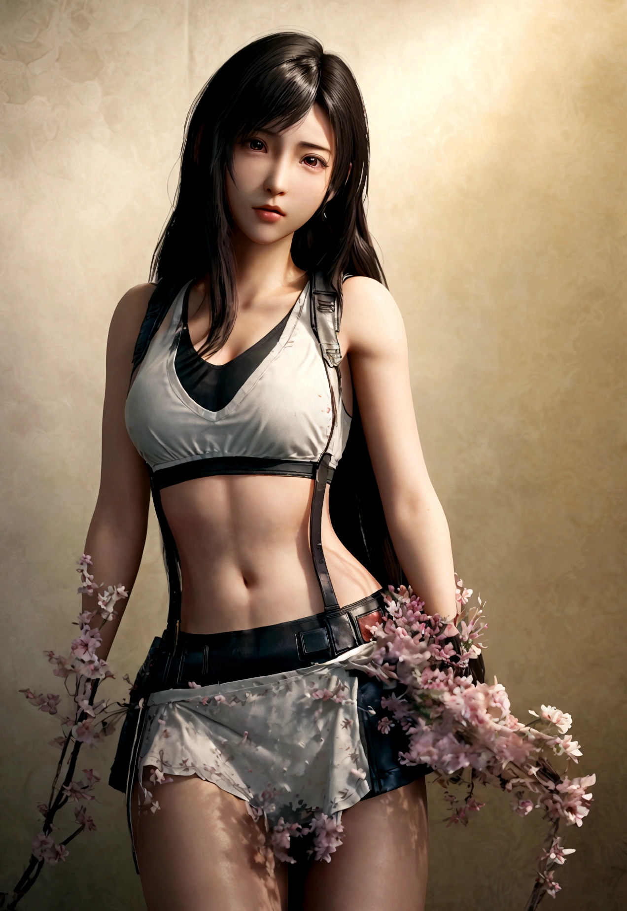 (Realistic: 1.4), 最high quality, Very delicate and beautiful, High resolution,masterpiece, 最high quality, 超High resolution, (Realistic:1.4), Detailed beautiful face, , 1 black man, 1 girl, Tifa_Lockhart, Final Fantasy VII Remake, Stunning European Women,Cowboy Shot, suspenders, Low rise, Black mini skirt, Black border white tank top, Tense shirt, Black Hair, Long Hair, Sexy Body,Beautiful breasts, Very beautiful and shining eyes,Beautiful feet, So cute, Close-upポトレイト, A lovely girl with a perfect face and soft skin., Perfect Face, ((small breasts))),Tight waist,Chainetter、thigh、In the dungeon,Complete diagram, Shapely hips, 8k resolution,surreal,Ultra-detailed,high quality, (small teardrop chest,  small breasts cleavage)， tit， Close-up, A broad perspective