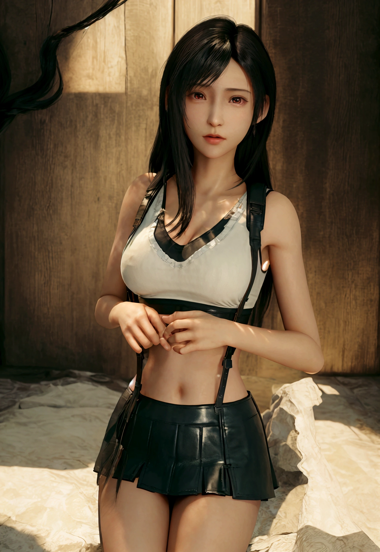 (Realistic: 1.4), 最high quality, Very delicate and beautiful, High resolution,masterpiece, 最high quality, 超High resolution, (Realistic:1.4), Detailed beautiful face, , 1 black man, 1 girl, Tifa_Lockhart, Final Fantasy VII Remake, Stunning European Women,Cowboy Shot, suspenders, Low rise, Black mini skirt, Black border white tank top, Tense shirt, Black Hair, Long Hair, Sexy Body, small Beautiful breasts, Very beautiful and shining eyes,Beautiful feet, So cute, Close-upポトレイト, A lovely girl with a perfect face and soft skin., Perfect Face, ((small breasts))),Tight waist,Chainetter、thigh、In the dungeon,Complete diagram, Shapely hips, 8k resolution,surreal,Ultra-detailed,high quality, (small teardrop chest,  small breasts cleavage)， tit， Close-up, A broad perspective