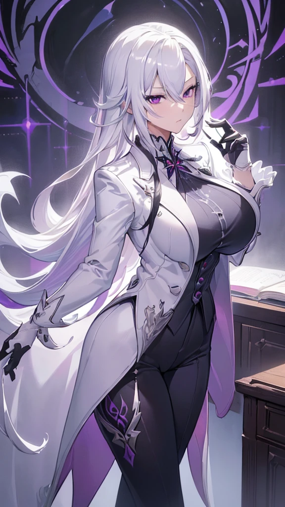 (best quality:1.3), (masterpiece:1.3), (illustration:1.3), (ultra-detailed:1.3), 1girl, solo, ((long hair, white hair, purple eyes)), (((large breasts))), black pants, white suit, serious expression, tall, mature, elegant, gloves, looking at viewer, nice hands, perfect hands, tsurime,