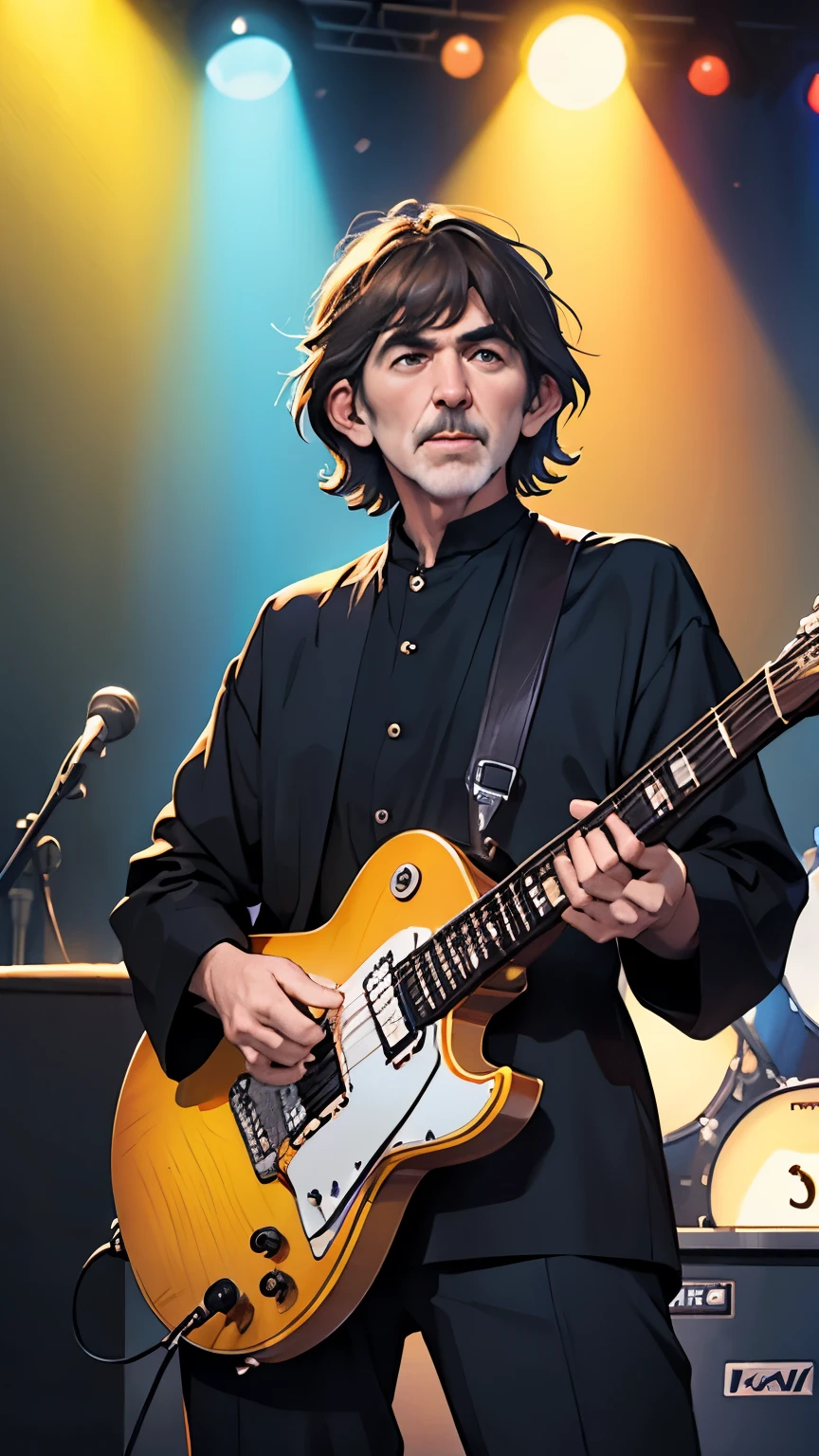 create George harrison featured playing electric guitar , no palco com THE BEATLES, 8K, uhd, realisitic