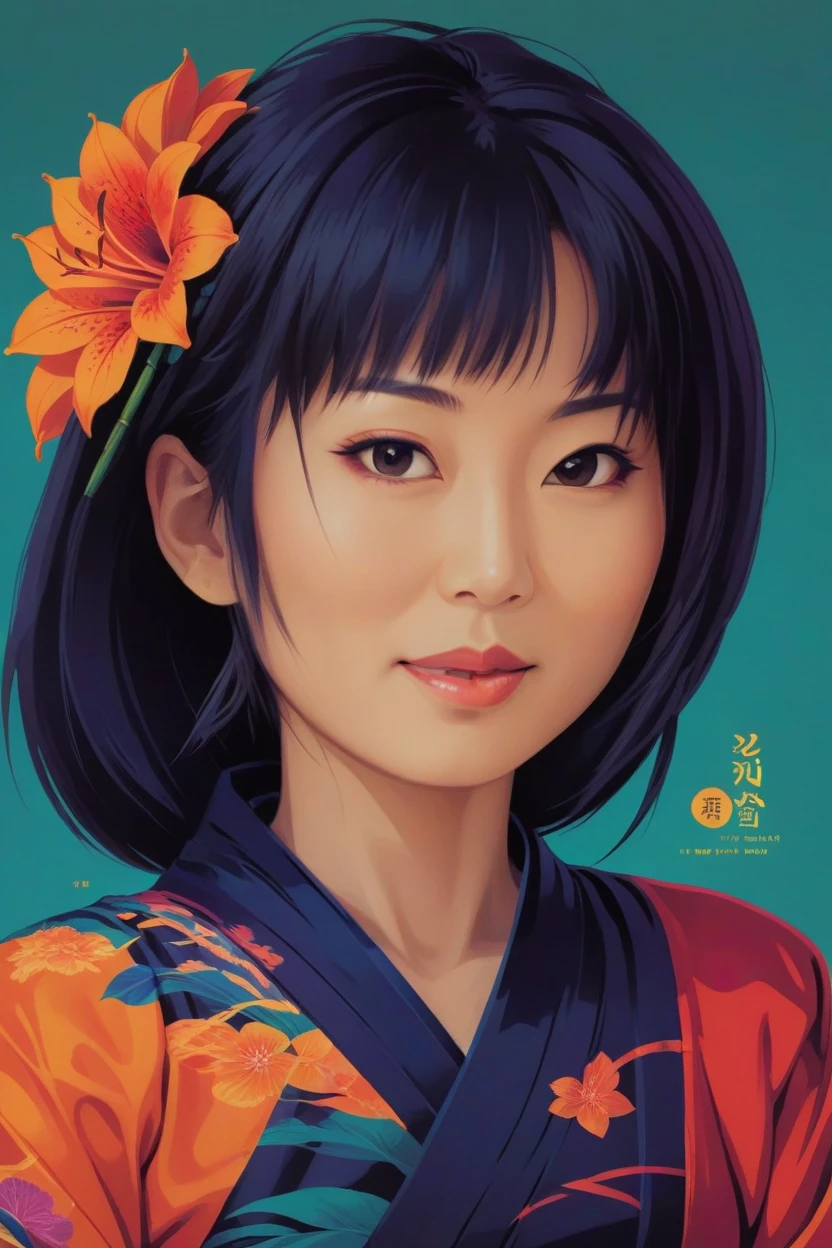 Konzeptplakat einer 30-jährigen Japanerin, Ganzkörperporträt bei Amazon Lily . digitales Kunstwerk von Tom Whalen, fettgedruckte Linien, beschwingt, gesättigte Farben, Detailliertes Gesicht,CEO