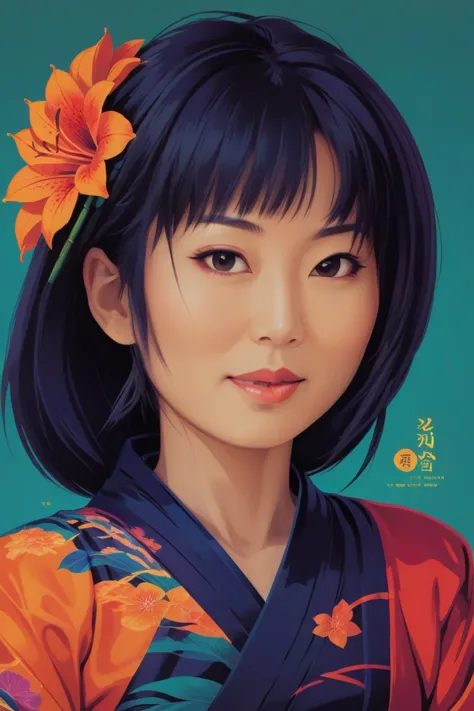 concept poster a 30 years jAPANESE WOman, full body portrait at amazon lily . digital artwork by tom whalen, bold lines, vibrant...