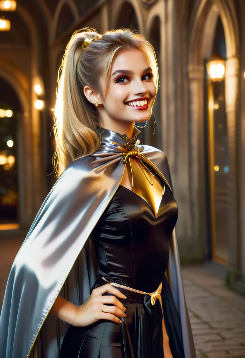 Vampyfangs1,(RAW photo) , 1girl, cute, 20 years old, long blonde hair in ponytail, smiling, look at viewer, ((((silver and gold lined satin cape tied at the neck)))+++, side spilt skirt , photo, realistic, best quality, hires, detailed face, detailed background, diffused lighting, depth of field, bokeh