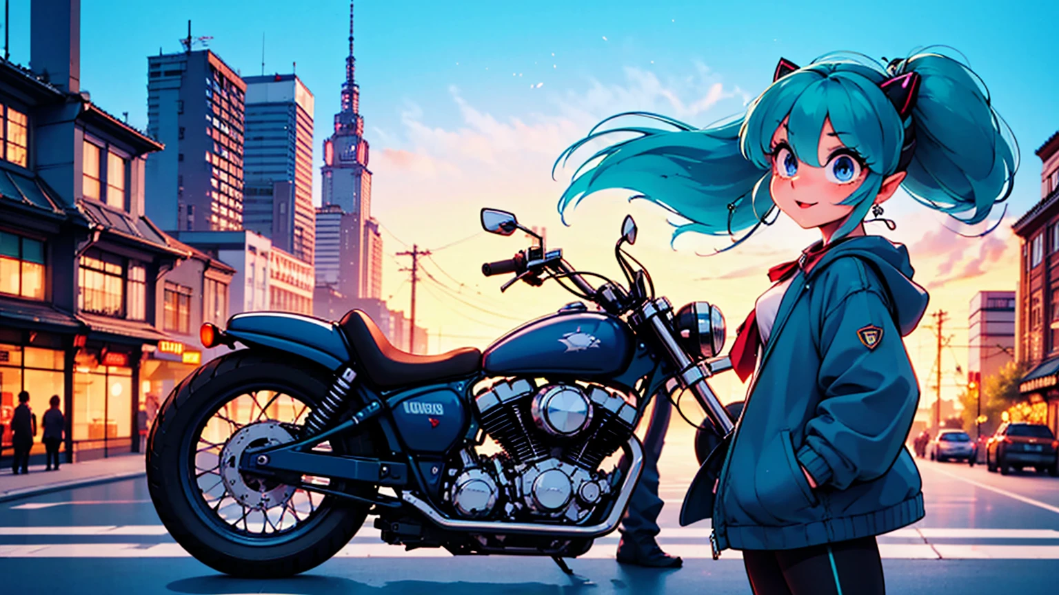 (score_9, score_8_up, score_7_up), lum, solo, long hair, bangs, blue hair, blue eyes, aqua hair, tiny horns, eyeshadow, large breasts, looking at viewer, blush, a person riding a motorcycle, no helmet, leather jacket, hair blowing in the wind, on an overpass, neon city lights, left hand on the handlebar, right hand holding a Chupa Chups lolly, (best quality,4k,8k,highres,masterpiece:1.2),ultra-detailed,detailed face and eyes, highly detailed, cinematic lighting, vibrant colors, dramatic atmosphere, motion blur, depth of field, a girl licking a Chupa Chups lolly, pleasure on her face, bliss, mischievous smirk, intricate detailed facial features, high quality, 8k, beautiful detailed eyes, beautiful detailed lips, extremely detailed face, long eyelashes, vibrant colors, warm lighting, cinematic composition, dreamy atmosphere, fantasy, whimsical, magical realism, close up motorcycle, from side, (full body),