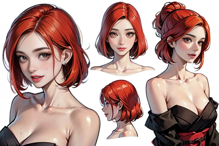 Highest quality, Detailed face, Character Sheet,(((young woman:1.5))), ((whole body:1.2)), Full of details, multiple postures and expressions, Very detailed, depth, 1 young woman, (masterpiece), 8KHighest quality, Expressive eyes, Perfect Face, High resolution, 1 Girl, alone,Character design sheet, (Redhead:1.5) (Female Body:1.3),smile, Medium Hair, (Orange eyes), (Female Body:1.3), clavicle, naked, Without clothes, Slender figure,Cleavage,seiza,Sitting pose, Blushed,Sweaty, glistening skin,Looking at the audience,(White background),Plain white background,