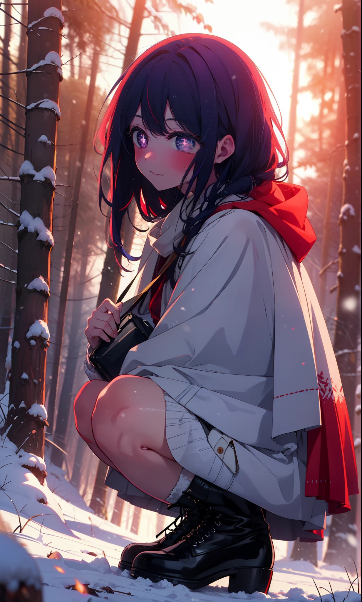 aihoshino, Ai Hoshino, Long Hair, bangs, (Purple eyes:1.1), Purple Hair, (Symbol-shaped pupil:1.5), smile,,smile,blush,White Breath,
Open your mouth,snow,Ground bonfire, Outdoor, boots, snowing, From the side, wood, suitcase, Cape, Blurred, , forest, White handbag, nature,  Squat, Mouth closed, Cape, winter, Written boundary depth, Black shoes, red Cape break looking at viewer, Upper Body, whole body, break Outdoor, forest, nature, break (masterpiece:1.2), Highest quality, High resolution, unity 8k wallpaper, (shape:0.8), (Beautiful and beautiful eyes:1.6), Highly detailed face, Perfect lighting, Extremely detailed CG, (Perfect hands, Perfect Anatomy),