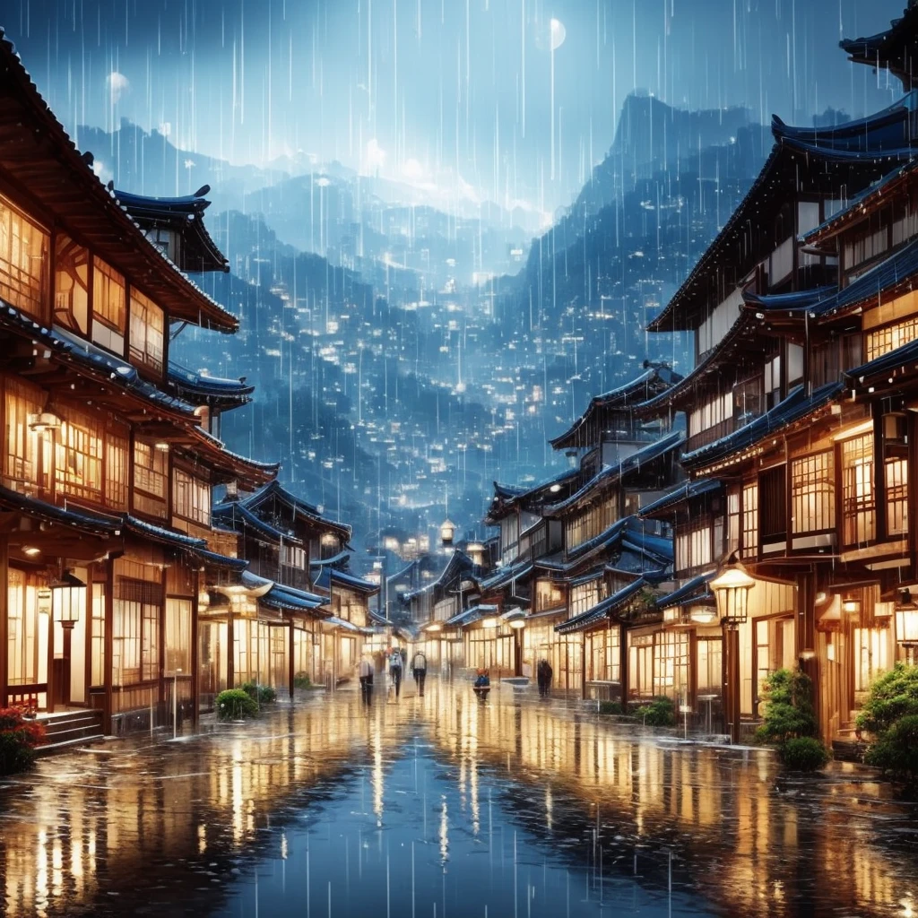 A view of the village with many lights on the buildings, A dreamlike city in Korea, , Awesome Wallpapers, Japanese Street, Japanese Village, 超リアルな町のphotograph, Old Asian Village, Japanese cities, Raymond Han, Rainy night, Cyberpunk Chinese Ancient Castle, beautifully照らされた建物, Rainy Evening, beautifully、aesthetic, photograph, Cinematic, 8K, Detailed ((heavy rain)))