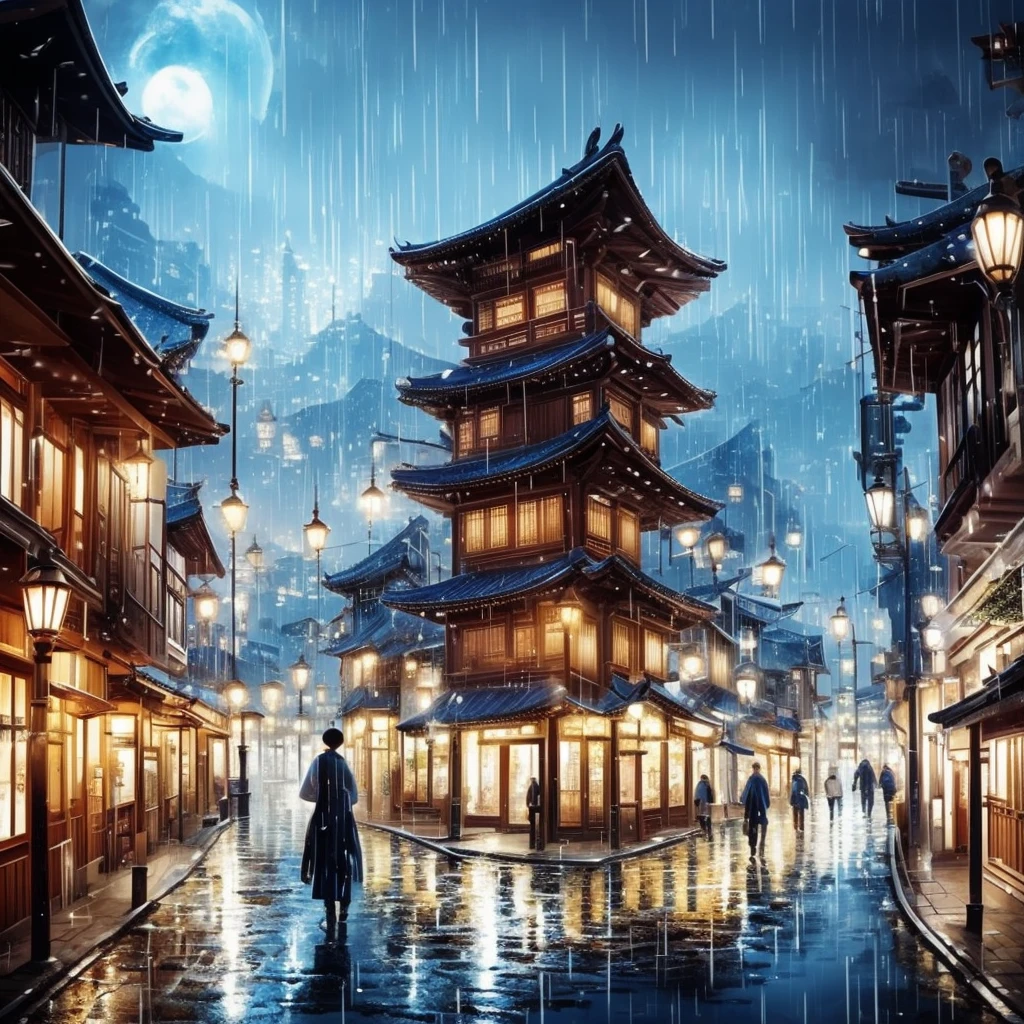 건물에 많은 불빛이 비치는 마을의 풍경, 꿈같은 한국의 도시, , 멋진 배경화면, 일본 거리, 일본 마을, 超リアルな町の사진, 오래된 아시아 마을, 일본의 도시, 레이먼드 한, 비오는 밤, 사이버펑크 중국 고대 성, 아름답게照らされた建物, 비오는 저녁, 아름답게、미적인, 사진, 시네마틱, 8K, 상세한 ((폭우)))