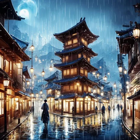 a view of the village with many lights on the buildings, a dreamlike city in korea, , awesome wallpapers, japanese street, japan...