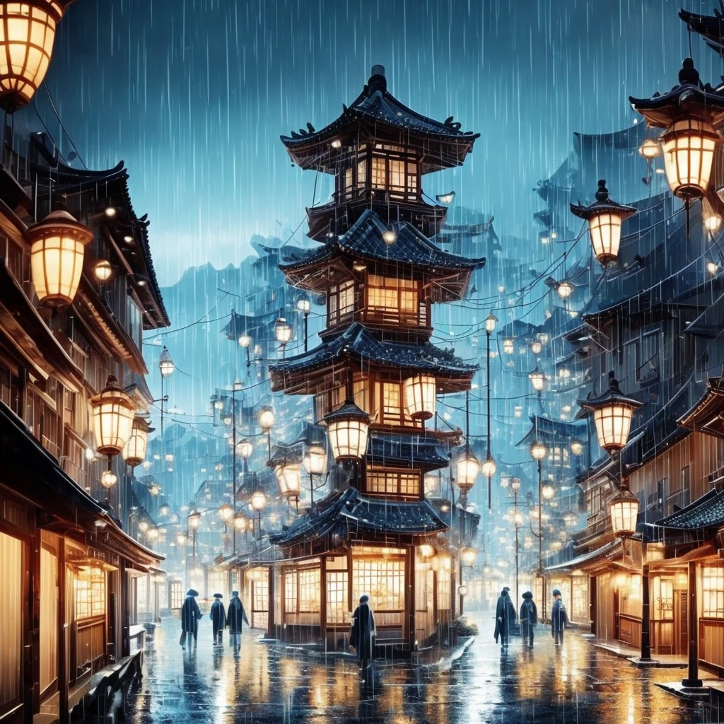 A view of the village with many lights on the buildings, A dreamlike city in Korea, , Awesome Wallpapers, Japanese Street, Japanese Village, 超リアルな町のphotograph, Old Asian Village, Japanese cities, Raymond Han, Rainy night, Cyberpunk Chinese Ancient Castle, beautifully照らされた建物, Rainy Evening, beautifully、aesthetic, photograph, Cinematic, 8K, Detailed ((heavy rain)))