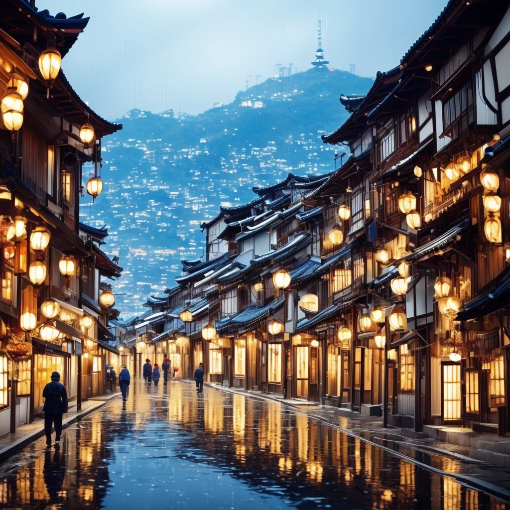 A view of the village with many lights on the buildings, A dreamlike city in Korea, , Awesome Wallpapers, Japanese Street, Japanese Village, 超リアルな町のphotograph, Old Asian Village, Japanese cities, Raymond Han, Rainy night, Cyberpunk Chinese Ancient Castle, beautifully照らされた建物, Rainy Evening, beautifully、aesthetic, photograph, Cinematic, 8K, Detailed ((heavy rain)))