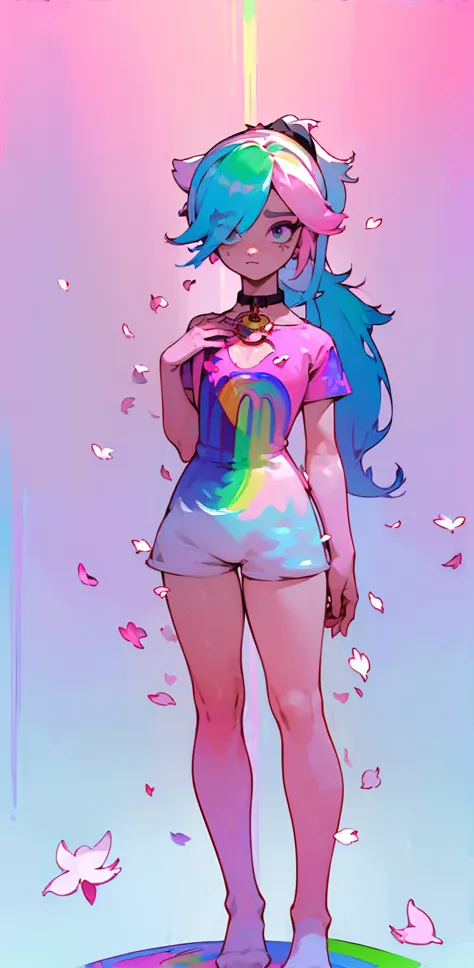(Pink Fashion T-shirt: 1.9),(colored hair: 1.8), (all colors of the rainbow: 1.8),(((((vertical painting:1.6))), (painting:1.6),...