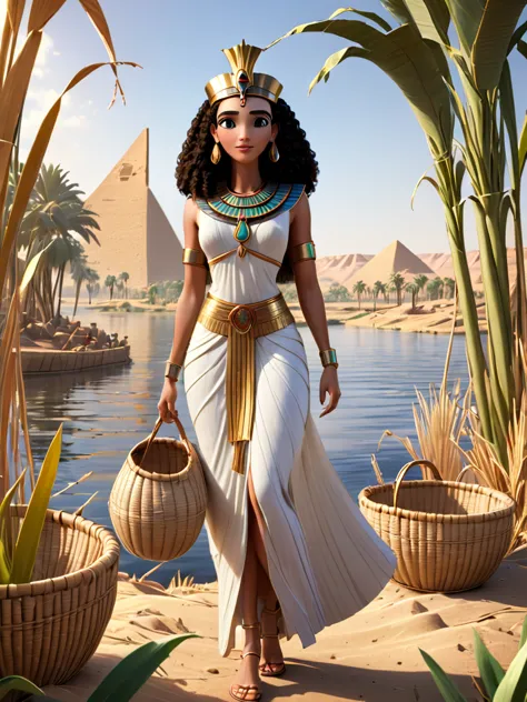 3d Egyptian princess meets Moses, inside a reed basket, Nile river background, Pixar render, cinematic smooth unreal engine, int...