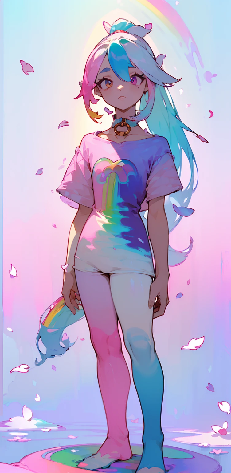 (Pink Fashion T-shirt: 1.9),(colored hair: 1.8), (all colors of the rainbow: 1.8),(((((vertical painting:1.6))), (painting:1.6),front, comic , illustrations, paintings, eyes large, crystal clear eyes,(Color gradient rainbow high ponytail:1.7), exquisite makeup, cloused mouth,(Small Fresh: 1.5),(Clean chest: 1.6), Long eyelashes, white off the shoulder t-shirt, White shoulder shirt, looking at the audience, big watery eyes, (rainbow colored hair:1.6), Start of color, (standing alone: 1.8), Start of color, burst of colour, thick painting style, messy lines , ((Ablaze)), (colorfully), (colorfully), (colorfully), colorfully, thick painting style, (Start) (color Start), vertical painting, trunk, paint Start, Acrylic Pigment, gradient, paint, A highest quallity de imagem, highest quallity, work of art, standing alone, Depth of field, face painting, colorfully clothes, (fashionable: 1.2), comely, long hair, Tuuli, (fashionable: 1.3), ( petals: 1.4),((work of art))),((best qualityer))),((ultra details)),(illustration),(dynamic angle),((floating)),(painting),( (disheveled hair)),(standing alone),(1 girl) , (((detailed anima face))),((detailed anima face)),(comely detailed face)),necklase,bared shoulders,White hair,((hair colorfully)),((striped hair)),(comely detailed eyes,(gradient color eyes),((colorfully eyes))),(((colorfully background))),(high saturation))),((surrounded by colorfully Startes))),