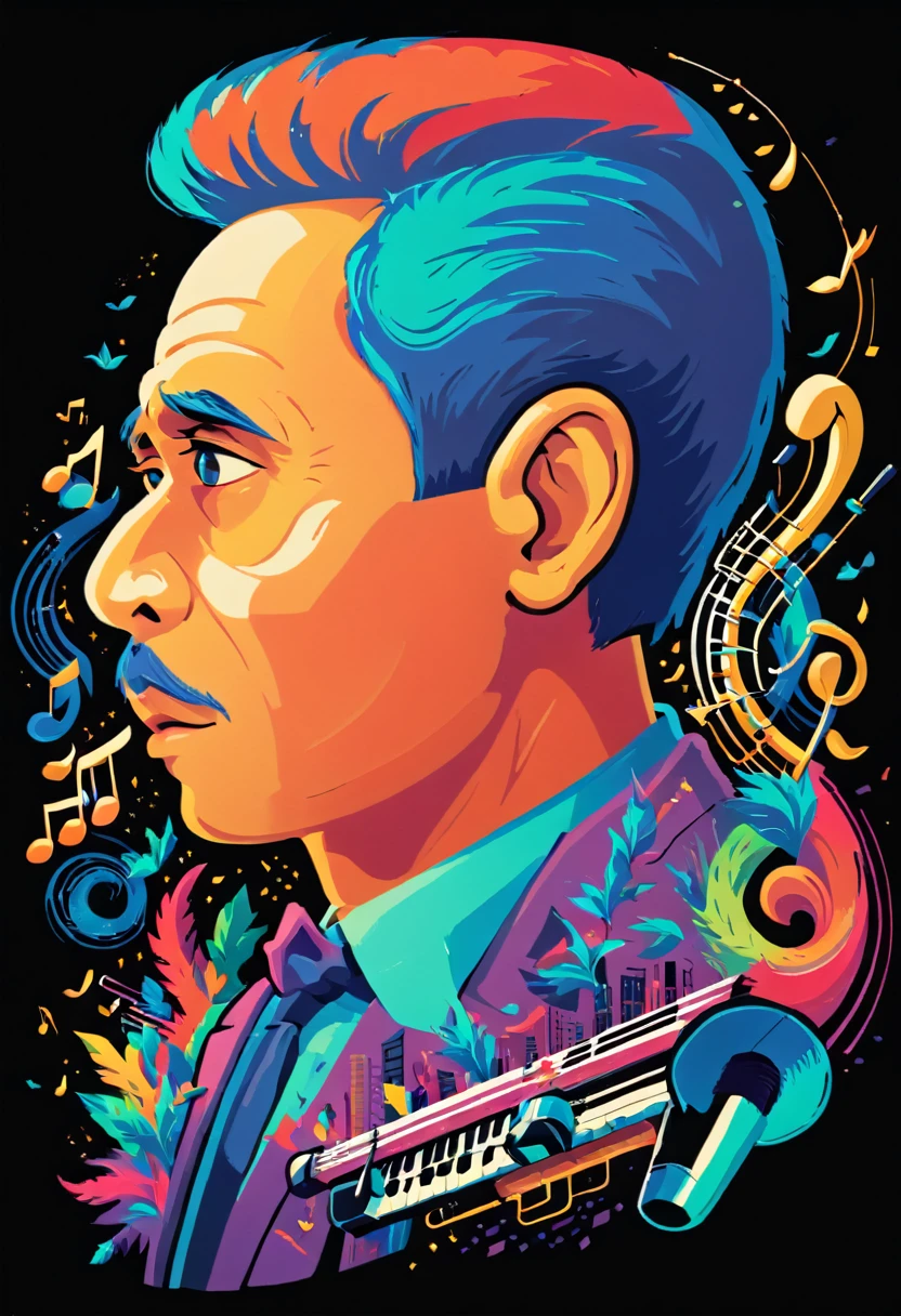 Póster conceptual de un hombre de 45 años de Indonesia., Un retrato de medio cuerpo con notas musicales., obra de arte digital de Tom Whalen, Líneas en negrita, vibrante, colores saturados, wpap,hechos detallados,Paletas de colores vibrantes