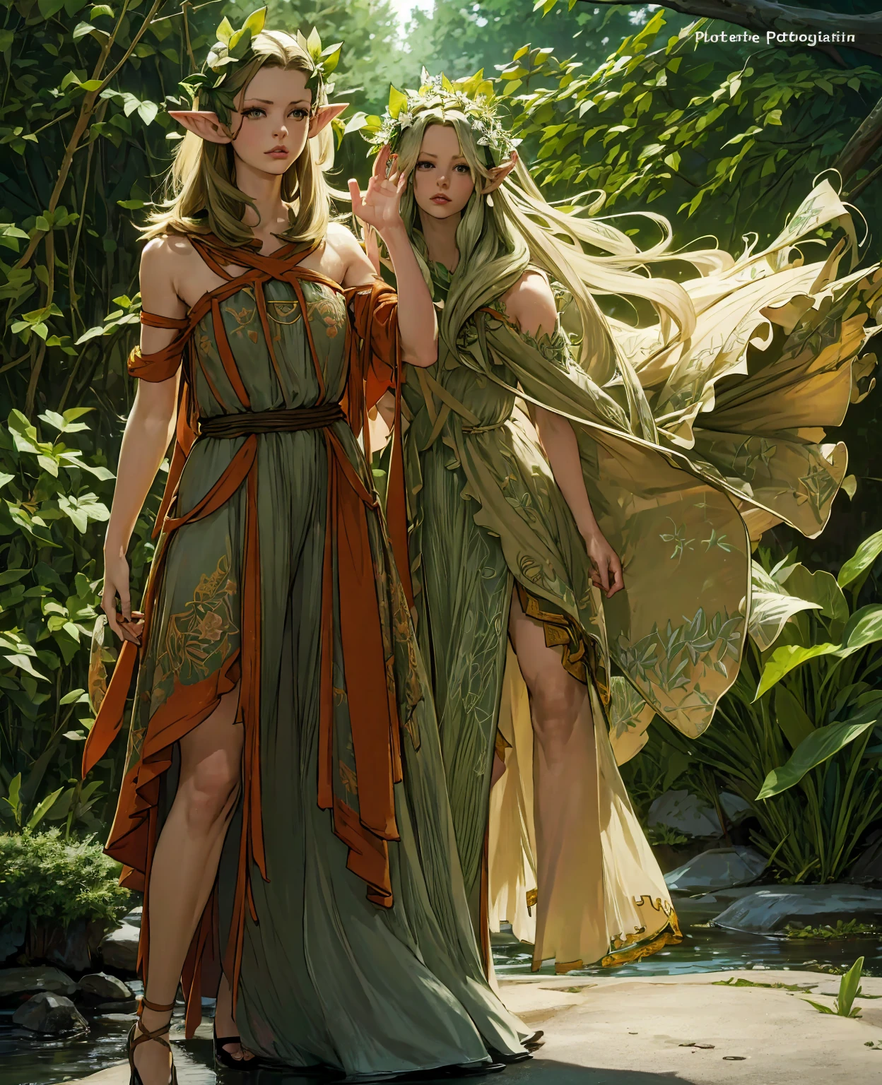 A beautiful elf girl with long pointy ears, delicate facial features, green eyes, full red lips, high cheekbones, flowing silver hair, wearing an intricate green dress decorated with flowers and vines, standing in a lush enchanted forest with sunlight filtering through the trees, magical glowing butterflies, (best quality,4k,8k,highres,masterpiece:1.2),ultra-detailed,(realistic,photorealistic,photo-realistic:1.37),fantasy,cinematic lighting,warm color palette,highly detailed