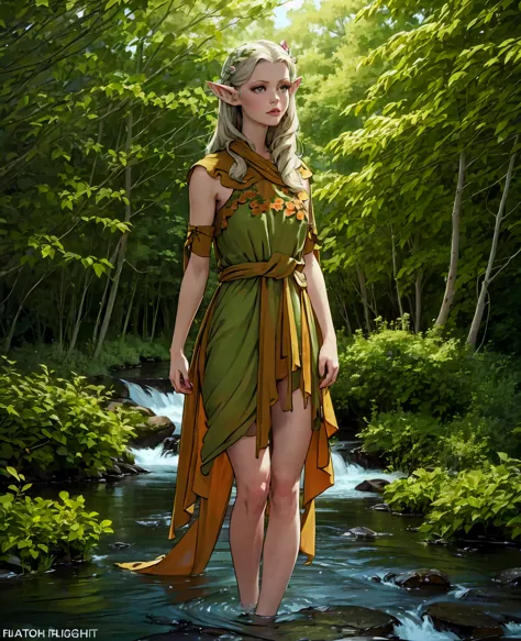 A beautiful elf girl with long pointy ears, delicate facial features, green eyes, full red lips, high cheekbones, flowing silver...
