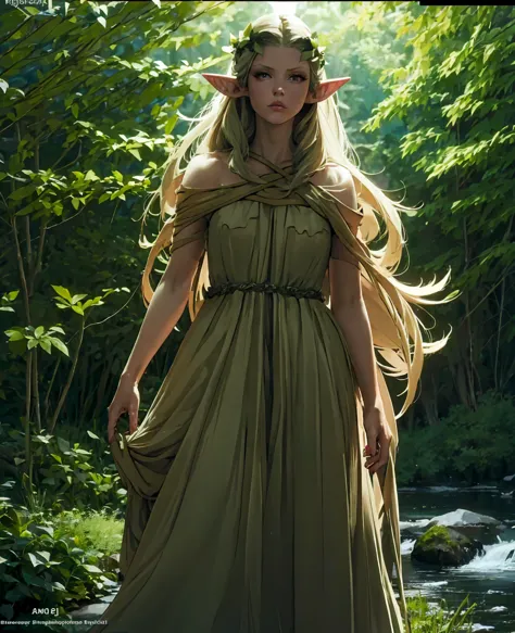 A beautiful elf girl with long pointy ears, delicate facial features, green eyes, full red lips, high cheekbones, flowing silver...