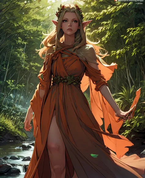 a beautiful elf girl with long pointy ears, delicate facial features, green eyes, full red lips, high cheekbones, flowing silver...