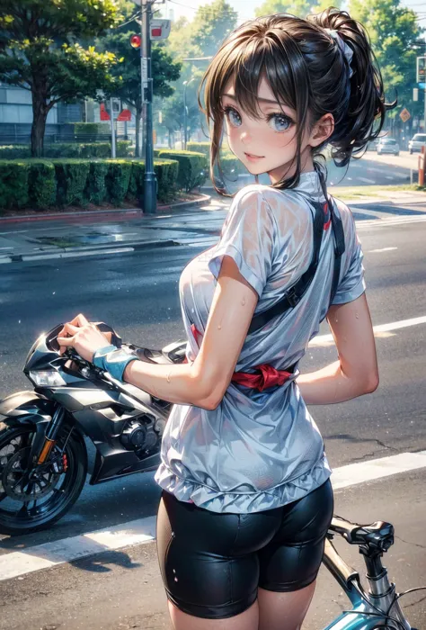 NSFW、Highest quality、(One girl),Big Breasts、(Road bike)、((Get on a bike))、Smiling at the viewer、Beautiful Eyes、Beautiful Face、De...